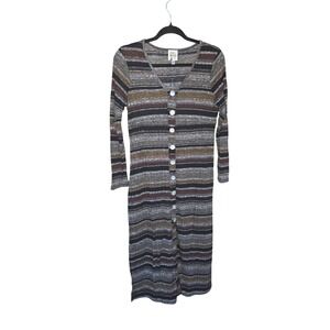 Anthropologie Fig & Flower Striped Knit‎ Midi Dress Button Front Long Sleeve M
